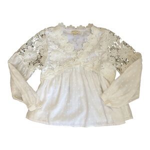 Chelsea and Violet Girls Long Sleeve V-Neck White Cotton Lace Crochet‎ Blouse M